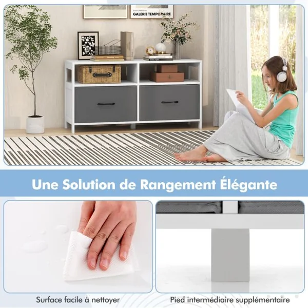 Commode à 2 Tiroirs Tissu 2 Étagères Ouvertes Meuble de Rangement de Chambre Salon Couloirs Entrées 100 x 30 x 53 cm Blanc