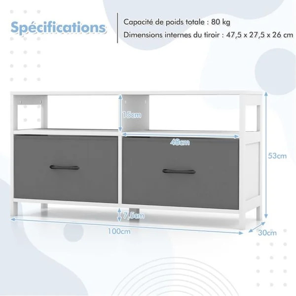 Commode à 2 Tiroirs Tissu 2 Étagères Ouvertes Meuble de Rangement de Chambre Salon Couloirs Entrées 100 x 30 x 53 cm Blanc