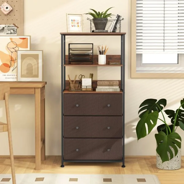 Commode à 3 Tiroirs avec Etagères Ouvertes Unité de Rangement Verticale avec Cadre en Métal 117 cm avec Bacs en Tissu Marron Rustique