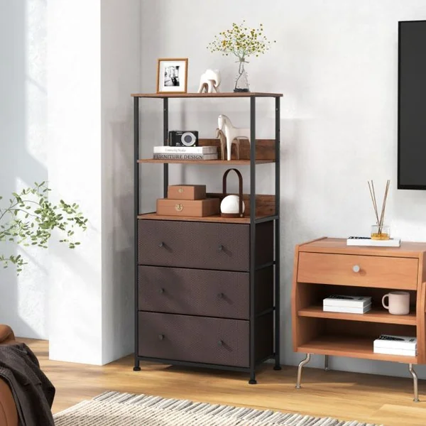 Commode à 3 Tiroirs avec Etagères Ouvertes Unité de Rangement Verticale avec Cadre en Métal 117 cm avec Bacs en Tissu Marron Rustique