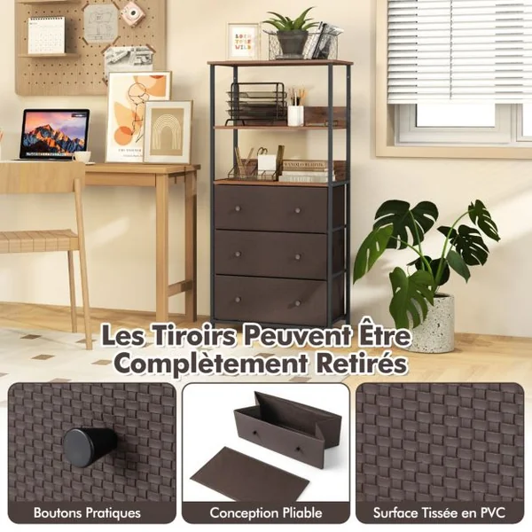 Commode à 3 Tiroirs avec Etagères Ouvertes Unité de Rangement Verticale avec Cadre en Métal 117 cm avec Bacs en Tissu Marron Rustique