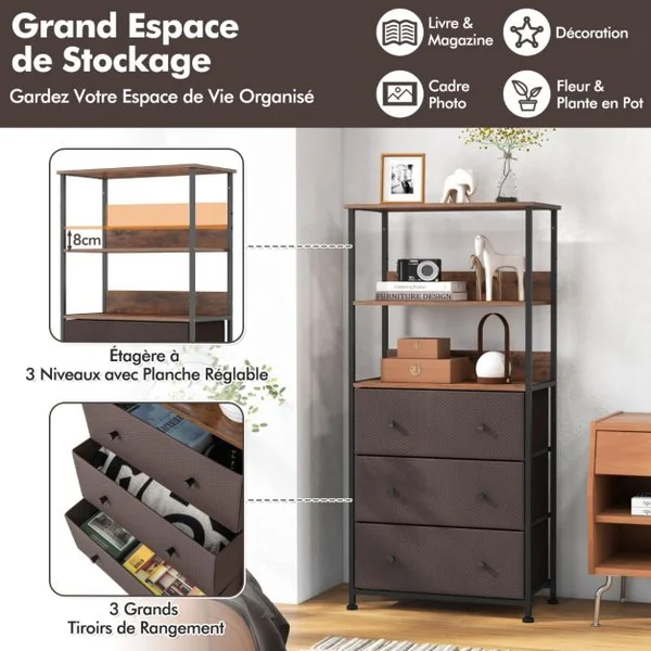 Commode à 3 Tiroirs avec Etagères Ouvertes Unité de Rangement Verticale avec Cadre en Métal 117 cm avec Bacs en Tissu Marron Rustique