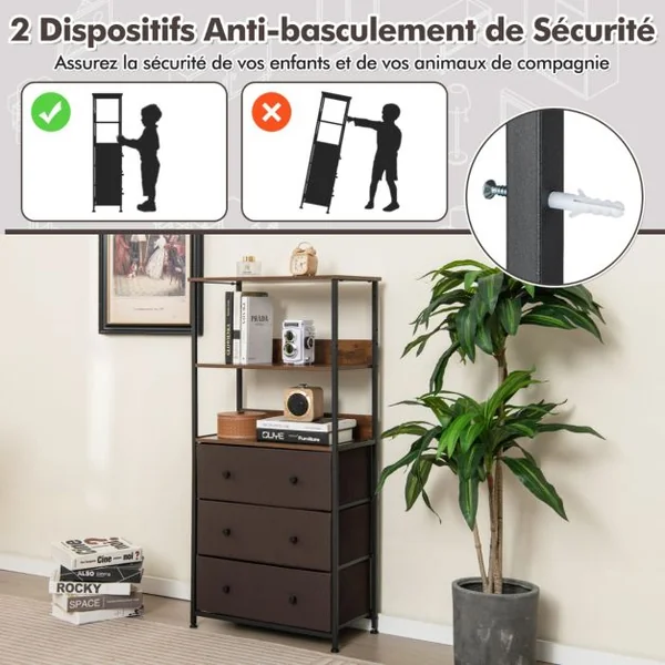 Commode à 3 Tiroirs avec Etagères Ouvertes Unité de Rangement Verticale avec Cadre en Métal 117 cm avec Bacs en Tissu Marron Rustique