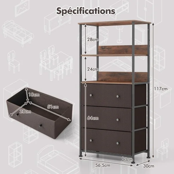 Commode à 3 Tiroirs avec Etagères Ouvertes Unité de Rangement Verticale avec Cadre en Métal 117 cm avec Bacs en Tissu Marron Rustique