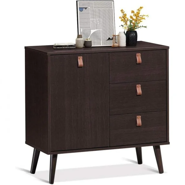 Commode à 3 Tiroirs avec Porte Hauteur Réglable Meuble Scandinave pour Salon Bureau Chambre Entrée 80 x 39,5 x 80,5CM Marron