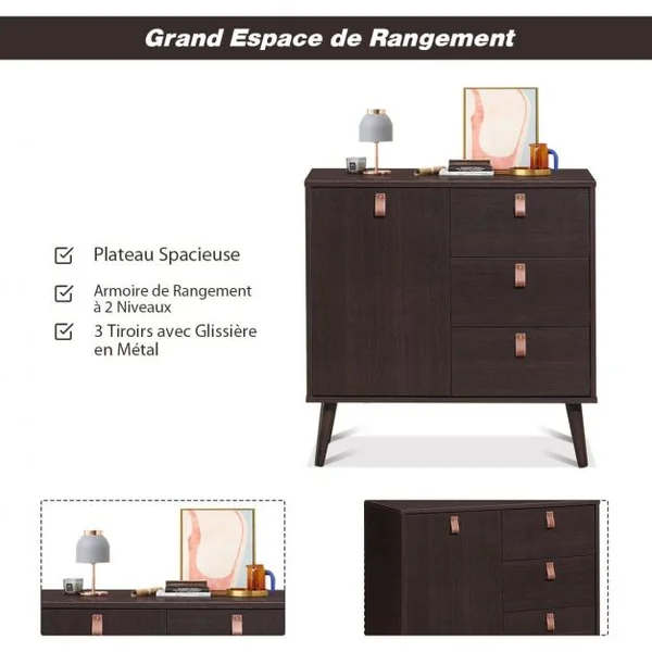 Commode à 3 Tiroirs avec Porte Hauteur Réglable Meuble Scandinave pour Salon Bureau Chambre Entrée 80 x 39,5 x 80,5CM Marron