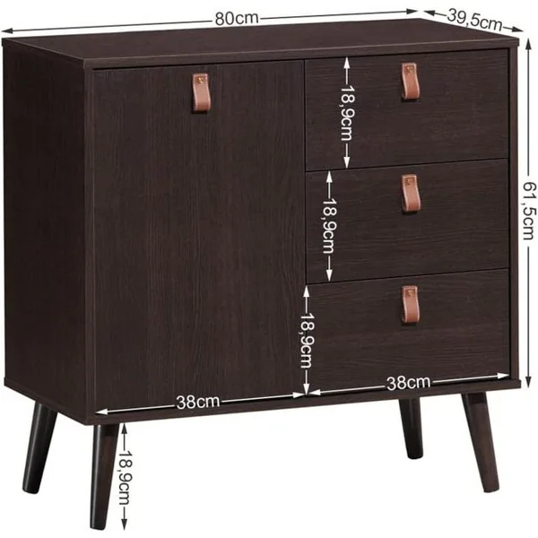 Commode à 3 Tiroirs avec Porte Hauteur Réglable Meuble Scandinave pour Salon Bureau Chambre Entrée 80 x 39,5 x 80,5CM Marron