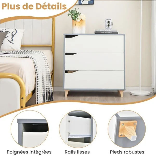 Commode à 3 Tiroirs Commode Moderne à 3 Tiroirs Poignée Intégrée de Grande Capacité de Stockage Dispositif Anti-basculement Armoire Blanc/Gris