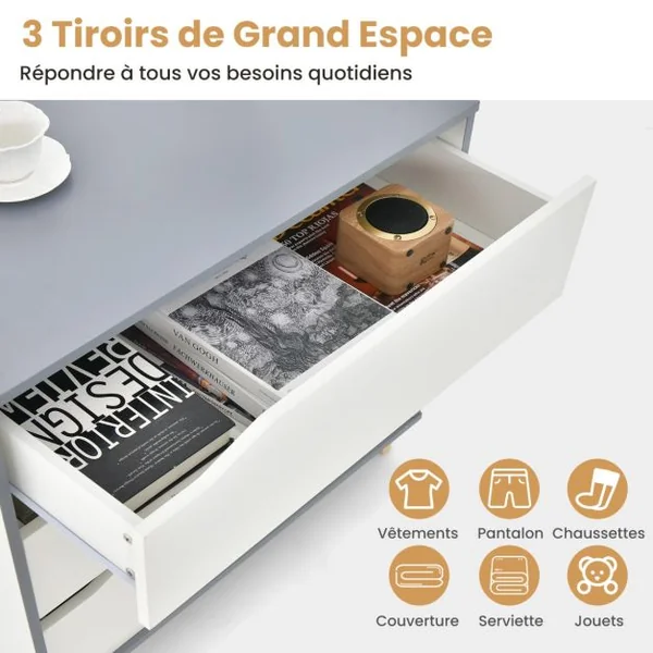 Commode à 3 Tiroirs Commode Moderne à 3 Tiroirs Poignée Intégrée de Grande Capacité de Stockage Dispositif Anti-basculement Armoire Blanc/Gris