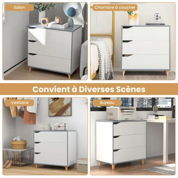 Commode à 3 Tiroirs Commode Moderne à 3 Tiroirs Poignée Intégrée de Grande Capacité de Stockage Dispositif Anti-basculement Armoire Blanc/Gris