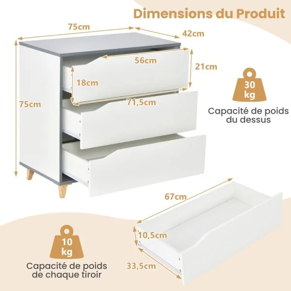 Commode à 3 Tiroirs Commode Moderne à 3 Tiroirs Poignée Intégrée de Grande Capacité de Stockage Dispositif Anti-basculement Armoire Blanc/Gris