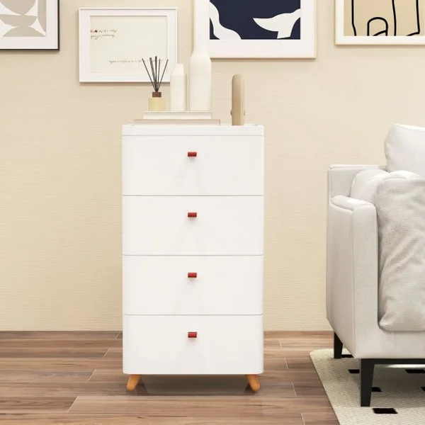 Commode à 4 Tiroirs Tour de Rangement Verticale avec Plateau de Rangement Amovible et Pieds en Bois Massif Commode Multifonction Blanc