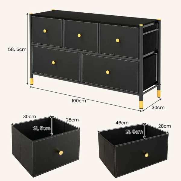 Commode à 5/6/8 Tiroirs en Tissu avec Cadre en Métal Large Commode Armoire de Rangement Autoportante pour Salon Placard Couloir Noire