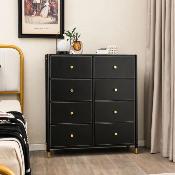 Commode à 5/6/8 Tiroirs en Tissu avec Cadre en Métal Large Commode Armoire de Rangement Autoportante pour Salon Placard Couloir Noire