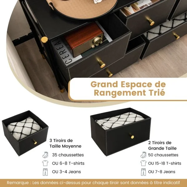 Commode à 5/6/8 Tiroirs en Tissu avec Cadre en Métal Large Commode Armoire de Rangement Autoportante pour Salon Placard Couloir Noire