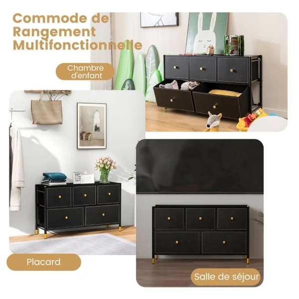 Commode à 5/6/8 Tiroirs en Tissu avec Cadre en Métal Large Commode Armoire de Rangement Autoportante pour Salon Placard Couloir Noire