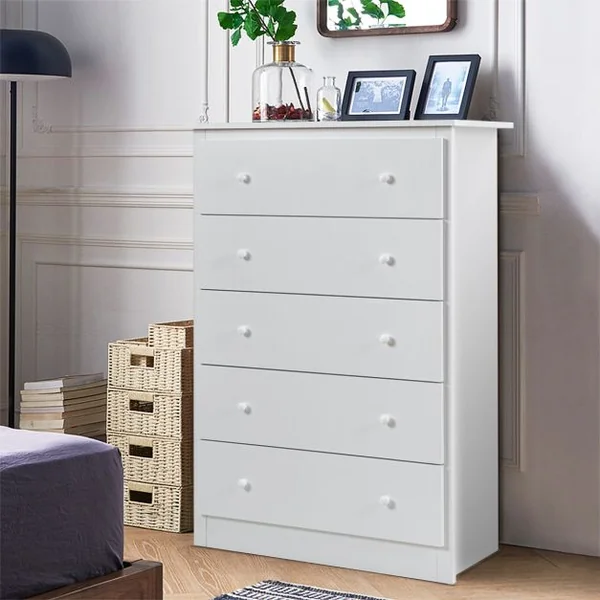 Commode à 5 Tiroirs Robuste Commode de Rangement avec Rails Coulissants Lisses Armoire de Rangement pour Chambre 80X40X115 CM Blanc