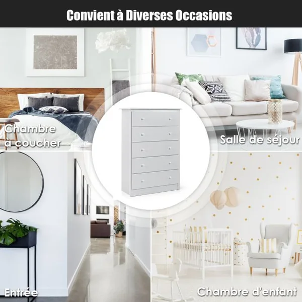 Commode à 5 Tiroirs Robuste Commode de Rangement avec Rails Coulissants Lisses Armoire de Rangement pour Chambre 80X40X115 CM Blanc