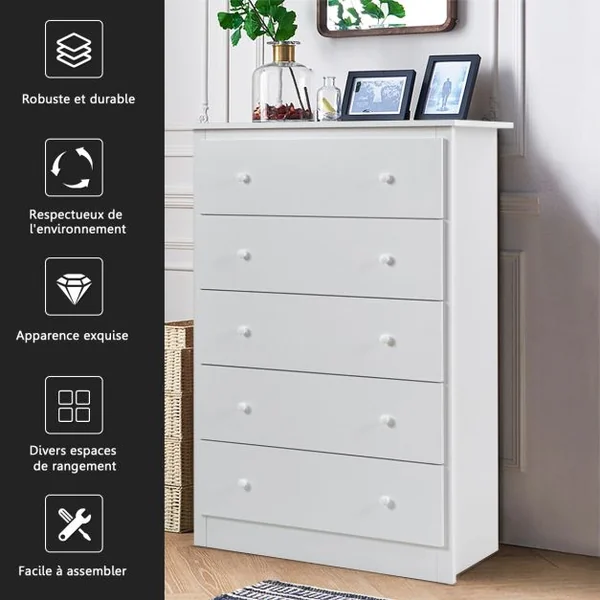 Commode à 5 Tiroirs Robuste Commode de Rangement avec Rails Coulissants Lisses Armoire de Rangement pour Chambre 80X40X115 CM Blanc