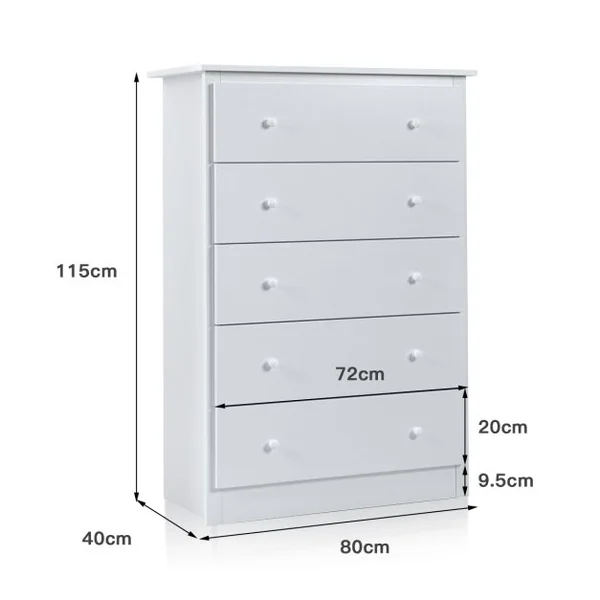 Commode à 5 Tiroirs Robuste Commode de Rangement avec Rails Coulissants Lisses Armoire de Rangement pour Chambre 80X40X115 CM Blanc
