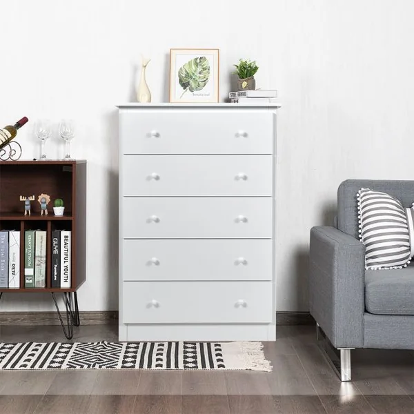 Commode à 5 Tiroirs Robuste Commode de Rangement avec Rails Coulissants Lisses Armoire de Rangement pour Chambre 80X40X115 CM Blanc