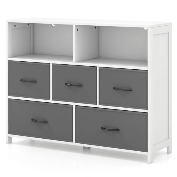 Commode à 5 Tiroirs Tissu 2 Étagères Ouvertes Meuble de Rangement de Chambre Salon Couloirs Entrées 100 x 30 x 78 cm Blanc