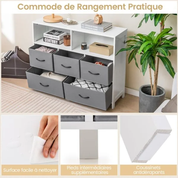 Commode à 5 Tiroirs Tissu 2 Étagères Ouvertes Meuble de Rangement de Chambre Salon Couloirs Entrées 100 x 30 x 78 cm Blanc