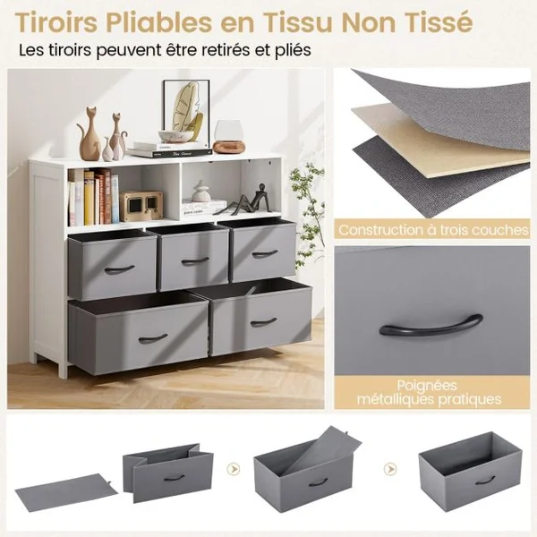 Commode à 5 Tiroirs Tissu 2 Étagères Ouvertes Meuble de Rangement de Chambre Salon Couloirs Entrées 100 x 30 x 78 cm Blanc
