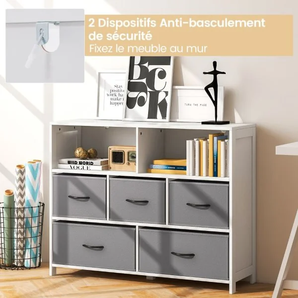 Commode à 5 Tiroirs Tissu 2 Étagères Ouvertes Meuble de Rangement de Chambre Salon Couloirs Entrées 100 x 30 x 78 cm Blanc