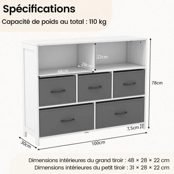 Commode à 5 Tiroirs Tissu 2 Étagères Ouvertes Meuble de Rangement de Chambre Salon Couloirs Entrées 100 x 30 x 78 cm Blanc