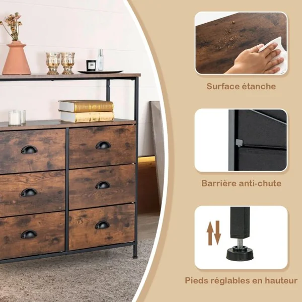 Commode à 6 Tiroirs avec 6 Tiroirs en Tissu Amovibles et Pliables pour Entrée de Chambre à Coucher de Salon