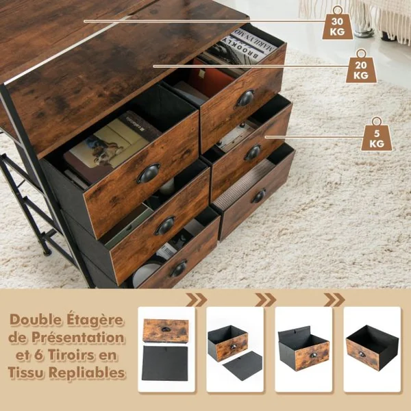 Commode à 6 Tiroirs avec 6 Tiroirs en Tissu Amovibles et Pliables pour Entrée de Chambre à Coucher de Salon