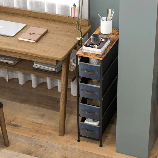 Commode Étroite avec 4 Tiroirs en Tissu Petit Meuble 20 CM de Largeur avec Cadre en Métal Meuble Tiroir Rangement