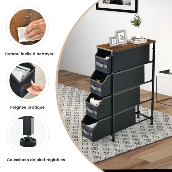 Commode Étroite avec 4 Tiroirs en Tissu Petit Meuble 20 CM de Largeur avec Cadre en Métal Meuble Tiroir Rangement