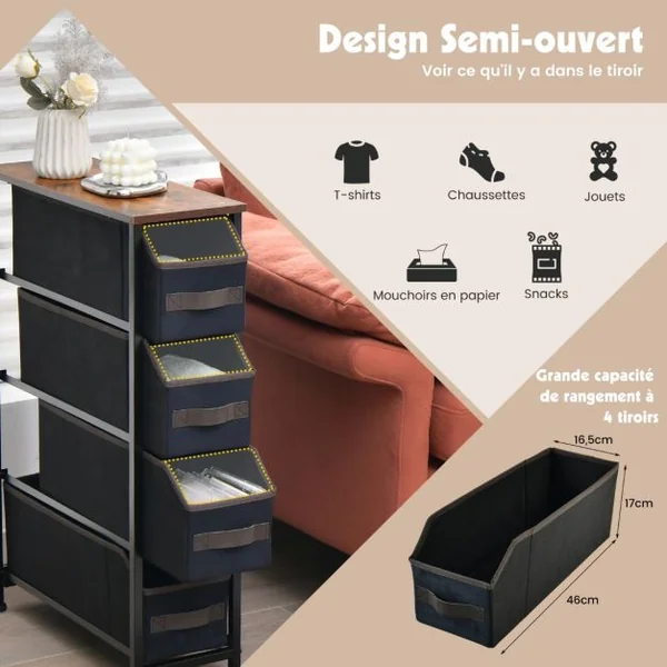 Commode Étroite avec 4 Tiroirs en Tissu Petit Meuble 20 CM de Largeur avec Cadre en Métal Meuble Tiroir Rangement