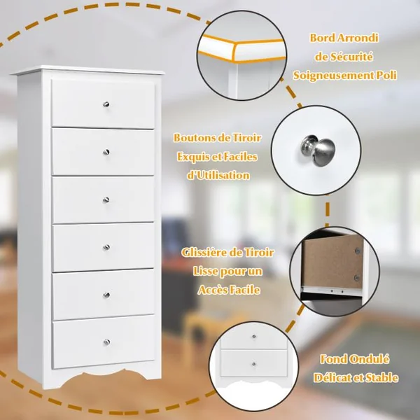 Commode Étroite à 6 Tiroirs Commode Haute avec 6 Tiroirs Meuble à 6 Tiroirs pour Chambre Cadre Durablepour Chambre Salon Bureau Blanc