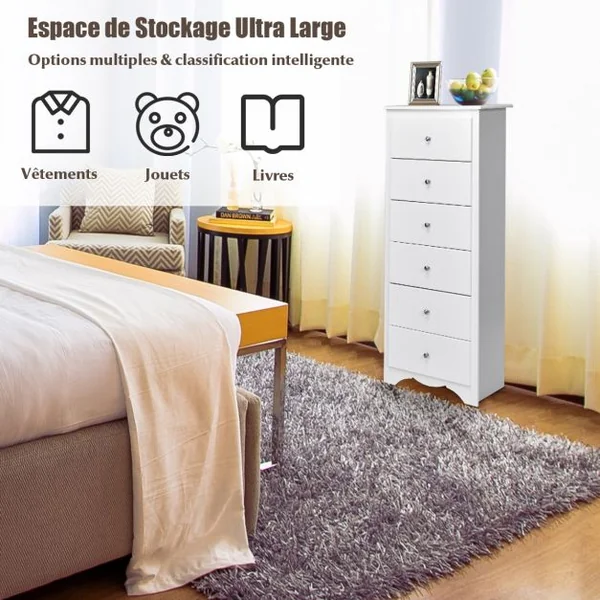 Commode Étroite à 6 Tiroirs Commode Haute avec 6 Tiroirs Meuble à 6 Tiroirs pour Chambre Cadre Durablepour Chambre Salon Bureau Blanc