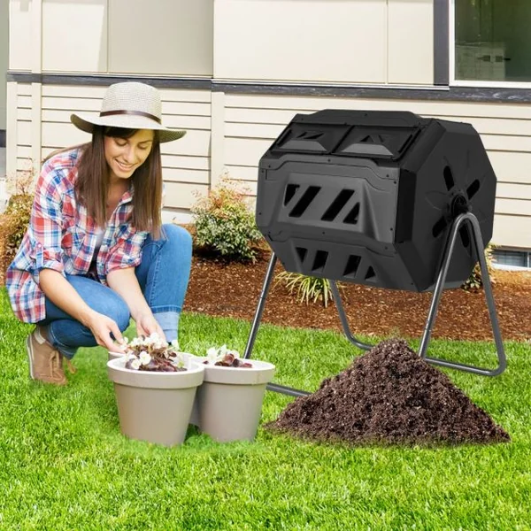 Composteur 160 L à Double Chambre Bac à Compost Cadre en Métal Rotatif 360° avec 2 Portes Coulissantes Trous Aération sans BPA Noir