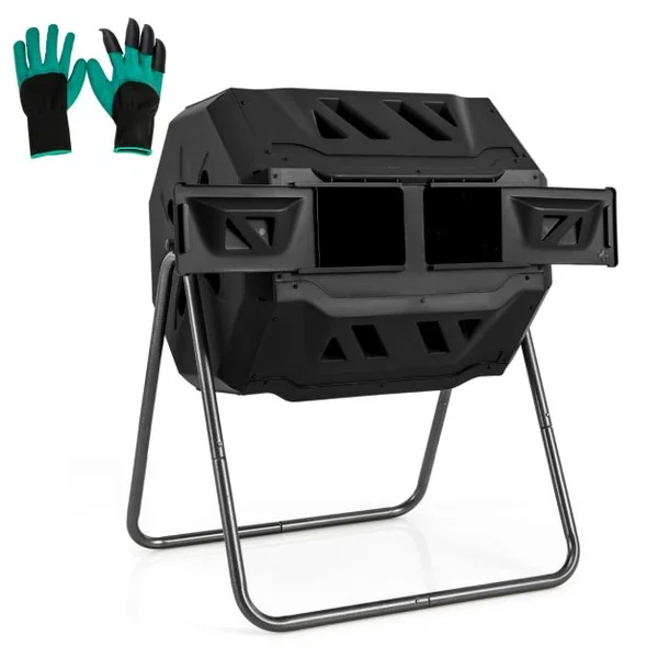 Composteur 160 L à Double Chambre Bac à Compost Cadre en Métal Rotatif 360° avec 2 Portes Coulissantes Trous Aération sans BPA Noir