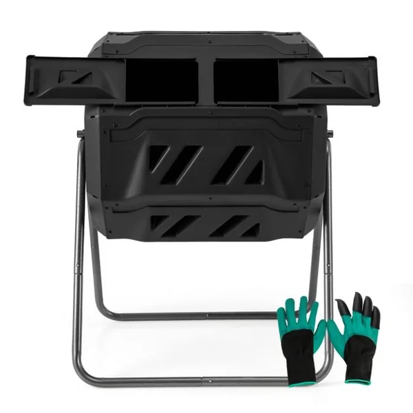 Composteur 160 L à Double Chambre Bac à Compost Cadre en Métal Rotatif 360° avec 2 Portes Coulissantes Trous Aération sans BPA Noir