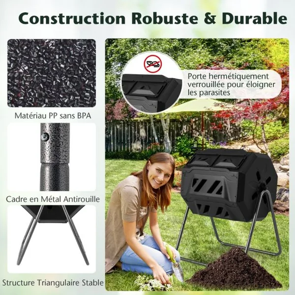 Composteur 160 L à Double Chambre Bac à Compost Cadre en Métal Rotatif 360° avec 2 Portes Coulissantes Trous Aération sans BPA Noir