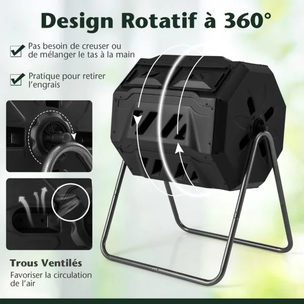 Composteur 160 L à Double Chambre Bac à Compost Cadre en Métal Rotatif 360° avec 2 Portes Coulissantes Trous Aération sans BPA Noir