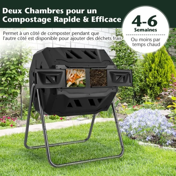 Composteur 160 L à Double Chambre Bac à Compost Cadre en Métal Rotatif 360° avec 2 Portes Coulissantes Trous Aération sans BPA Noir