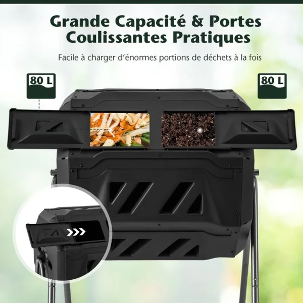 Composteur 160 L à Double Chambre Bac à Compost Cadre en Métal Rotatif 360° avec 2 Portes Coulissantes Trous Aération sans BPA Noir
