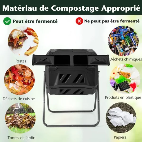 Composteur 160 L à Double Chambre Bac à Compost Cadre en Métal Rotatif 360° avec 2 Portes Coulissantes Trous Aération sans BPA Noir