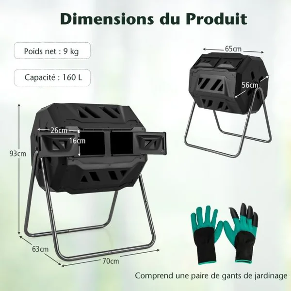 Composteur 160 L à Double Chambre Bac à Compost Cadre en Métal Rotatif 360° avec 2 Portes Coulissantes Trous Aération sans BPA Noir