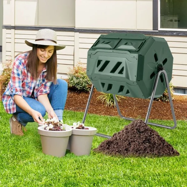 Composteur 160 L à Double Chambre Bac à Compost Cadre en Métal Rotatif 360° avec 2 Portes Coulissantes Trous Aération sans BPA Vert