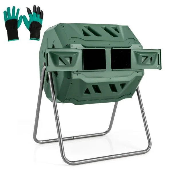 Composteur 160 L à Double Chambre Bac à Compost Cadre en Métal Rotatif 360° avec 2 Portes Coulissantes Trous Aération sans BPA Vert