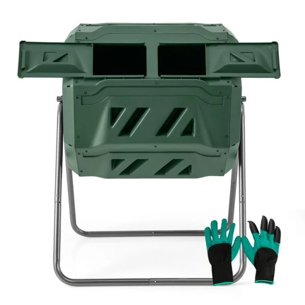 Composteur 160 L à Double Chambre Bac à Compost Cadre en Métal Rotatif 360° avec 2 Portes Coulissantes Trous Aération sans BPA Vert