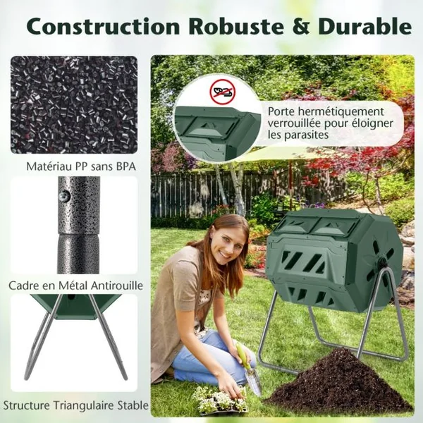 Composteur 160 L à Double Chambre Bac à Compost Cadre en Métal Rotatif 360° avec 2 Portes Coulissantes Trous Aération sans BPA Vert